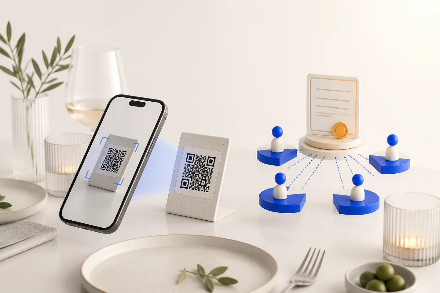 Illustrazione di un ordine al tavolo tramite smartphone e QR code