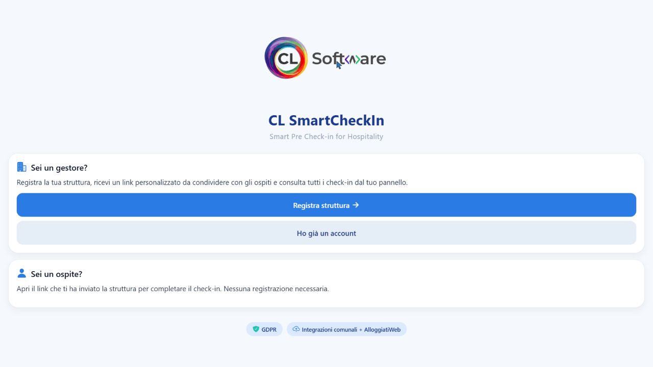 Home pubblica di CLSmartCheckIn con accesso per gestore e indicazioni per l’ospite