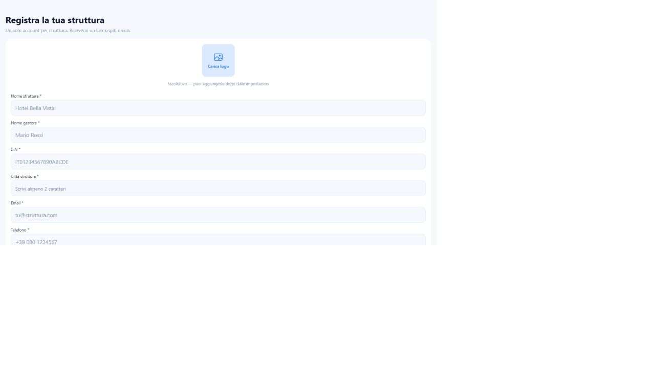 Modulo di registrazione di una struttura in CLSmartCheckIn
